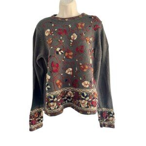 VTG Condor Woman's Sz M Olive Green Crochet Floral Pullover Knit Sweater